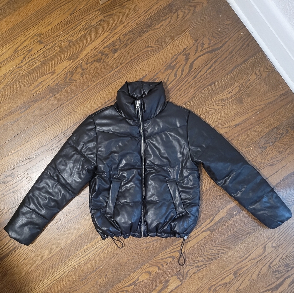 Black Faux Leather Puffer Jacket